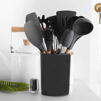 Kitchen Utensils Set with Holder, Novelty Gifts for Mothers Day, Non-Stick and Heat Resistant with Wooden Handle, Non Scratch Silicone Kitchen Utensils Set Wooden Black, 12 Pcs - Image 2