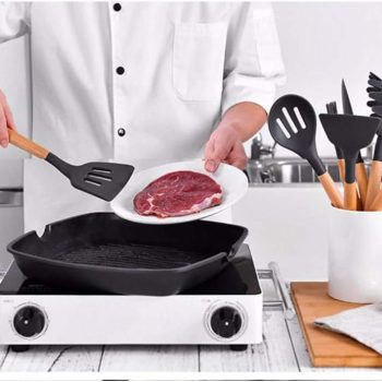 Kitchen Utensils Set with Holder, Novelty Gifts for Mothers Day, Non-Stick and Heat Resistant with Wooden Handle, Non Scratch Silicone Kitchen Utensils Set Wooden Black, 12 Pcs - Image 5