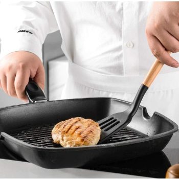 Kitchen Utensils Set with Holder, Novelty Gifts for Mothers Day, Non-Stick and Heat Resistant with Wooden Handle, Non Scratch Silicone Kitchen Utensils Set Wooden Black, 12 Pcs - Image 3