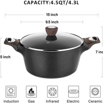 Stock Pot Nonstick 4.5 Quart Soup Pot Casserole Pot with Lid Healthy Pasta Pot Cooking Pot Black Sauce Pot with Woodgrain Bakelite Handle, All Stove Compatible Cookware, Easy to Clean - Image 2