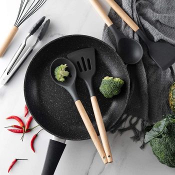 Kitchen Utensils Set with Holder, Novelty Gifts for Mothers Day, Non-Stick and Heat Resistant with Wooden Handle, Non Scratch Silicone Kitchen Utensils Set Wooden Black, 12 Pcs - Image 4